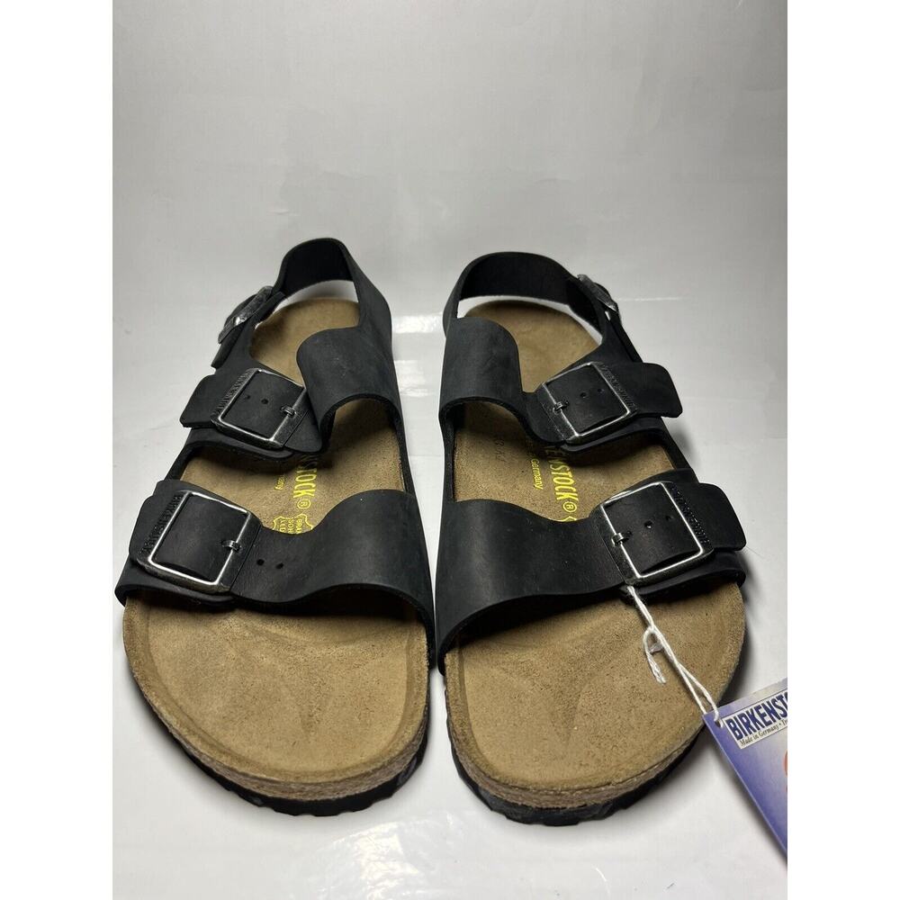 VINTAGE ORIGINAL FOOTBED Birkenstock Milano BLACK OILED LEATHER Sandals SZ 42